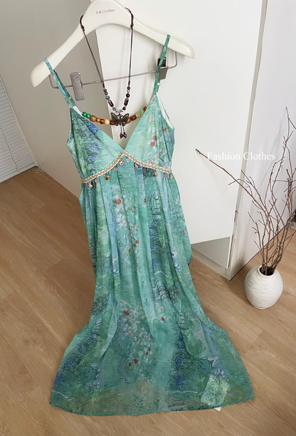 New Fashion Flora V-neck Design Beach Holiday A-line Spaghetti Strap Dress TP3369