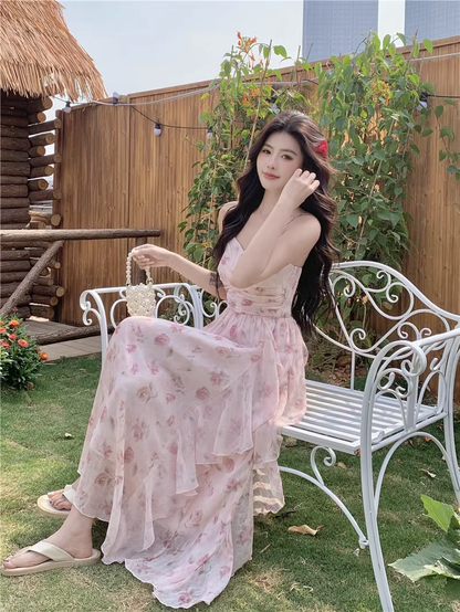 New Fashion Elegant Floral Chiffon Spaghetti Strap Dress TP2991