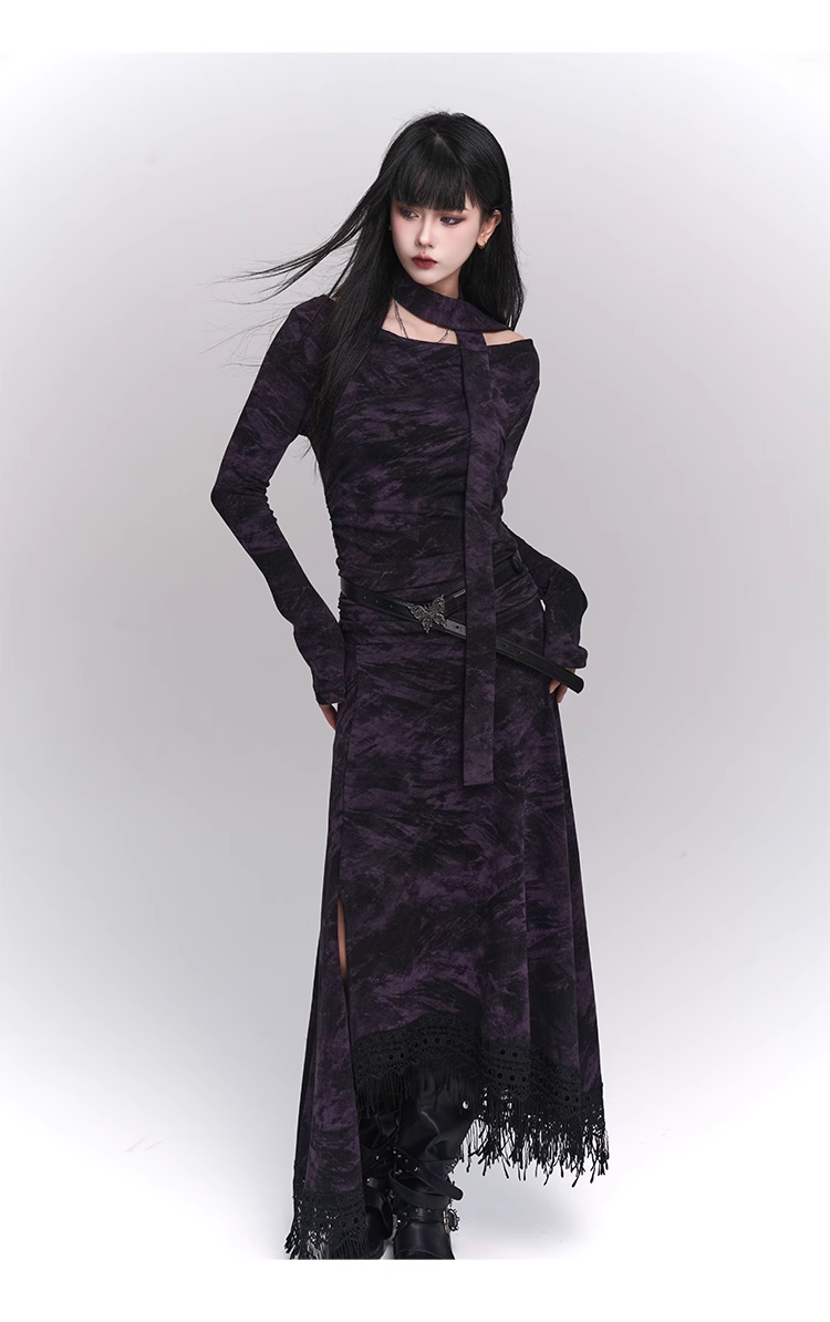 New Gothic Style Fashion Bell Sleeve Design Sense Long-sleeved Split Dress TP2932