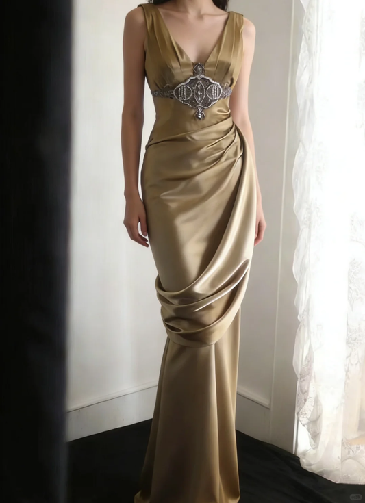 Elegant Satin Deep V-Neck Mermaid Evening Gown Beaded Draped Prom Dress TP5628