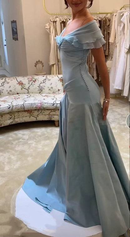Elegant Light Blue Off-the-Shoulder Ruffled Prom Dress Evening Gown TP5730