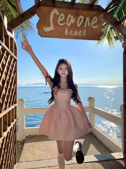 New Simple Pink Bow Design A-line Sleeveless Spaghetti Strap Dress TP3276