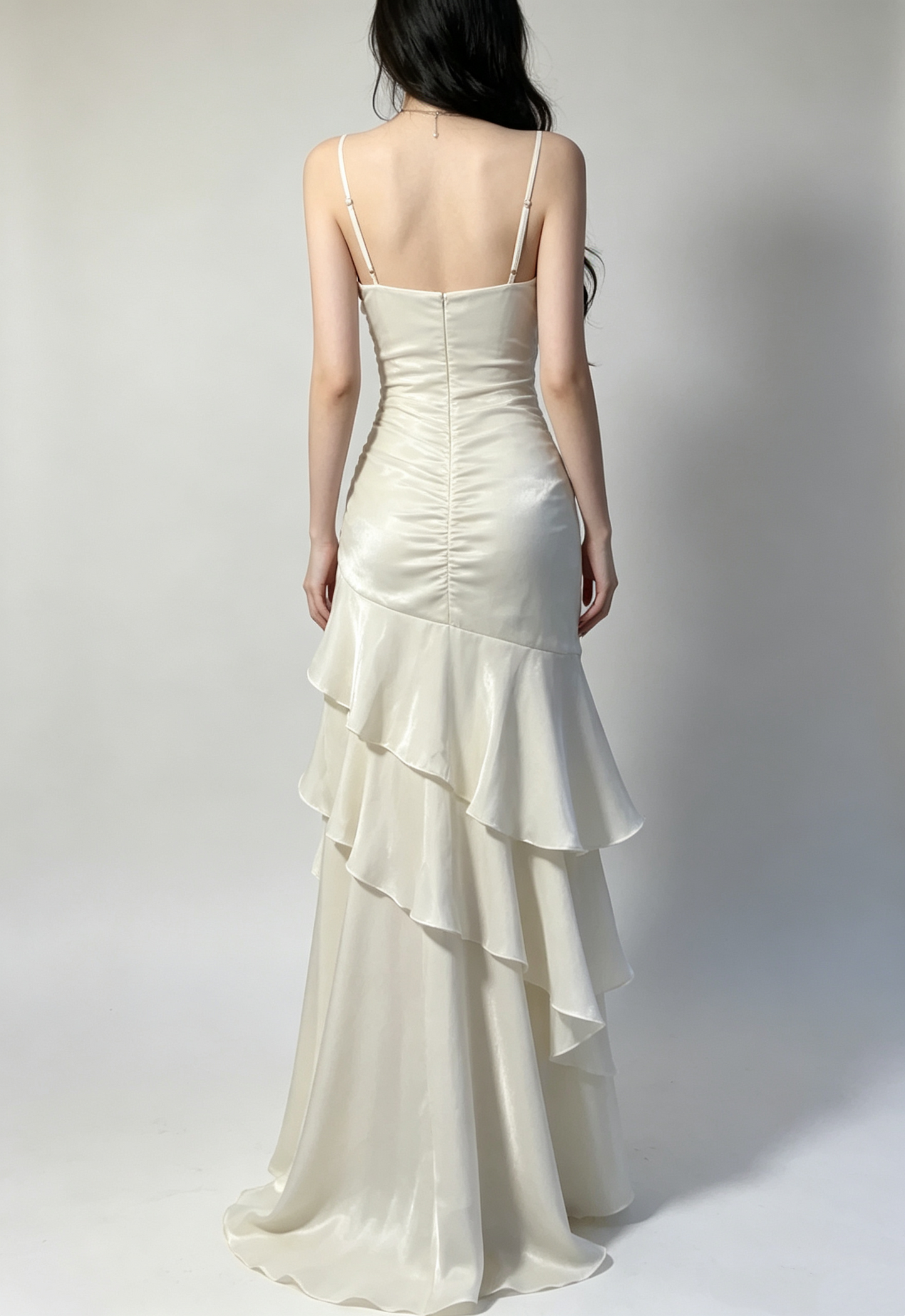 Elegant White Satin Ruched Tiered Spaghetti Strap Mermaid Prom Dress TP6098
