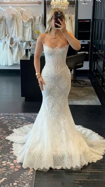 Romantic Strapless Lace Mermaid Chapel Train Wedding Dress TP5993