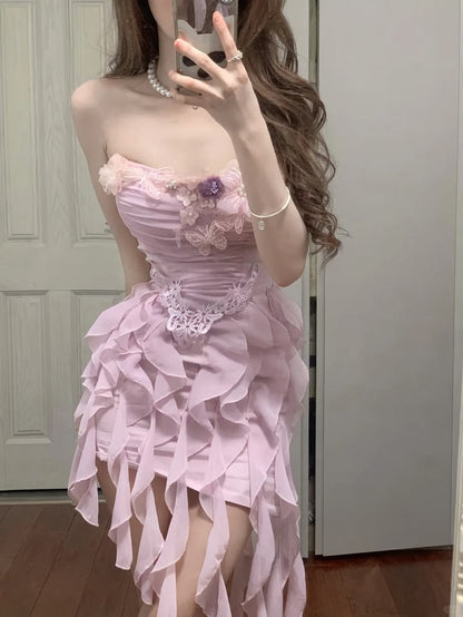 Vintage Pink Strapless 3D Floral & Butterfly Homecoming Dress TP5883