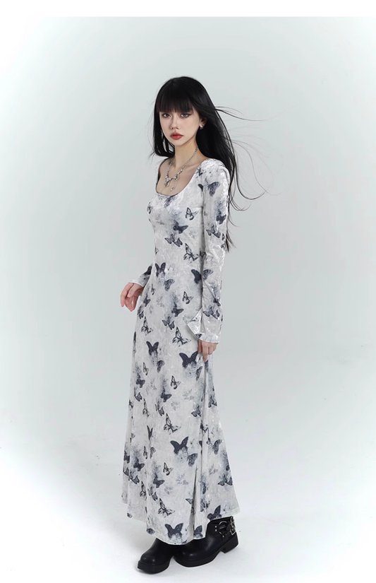 New Fashion Butterfly Pattern Design Sense White Long-sleeved Dress TP2929