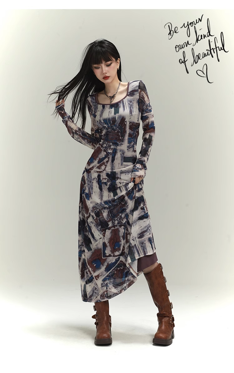 New Fashion Floral Pattern Design Women Long-sleeved Dress TP2942