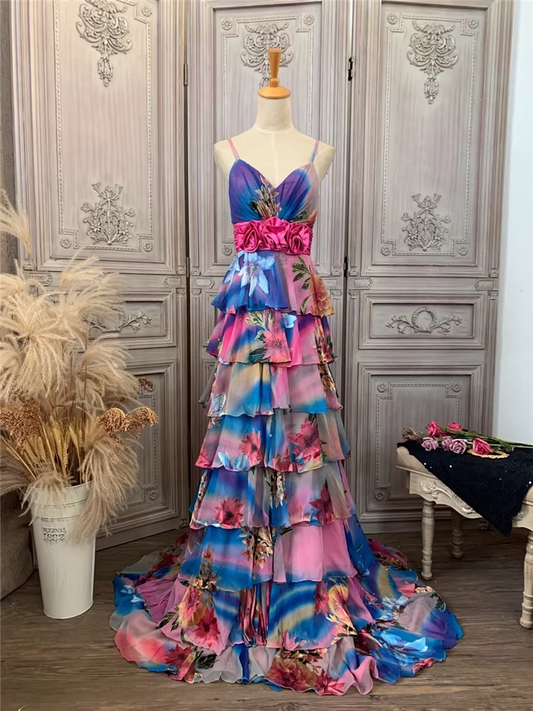 Luxury Multicolor Floral Print Evening Gown Tiered Chiffon Prom Dress TP5678