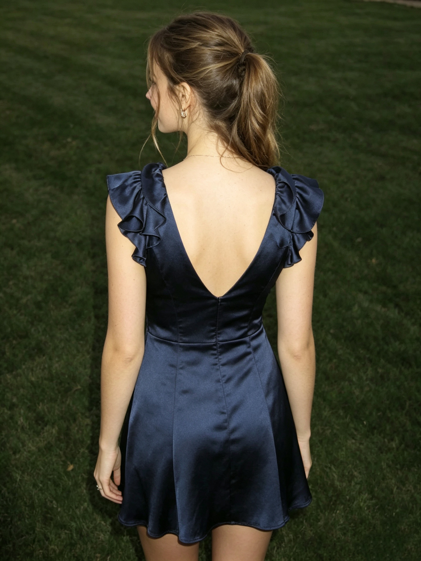 Vintage Navy Blue Satin V-Neck Ruffle Cap Sleeve A-Line Mini Homecoming Dress TP6005