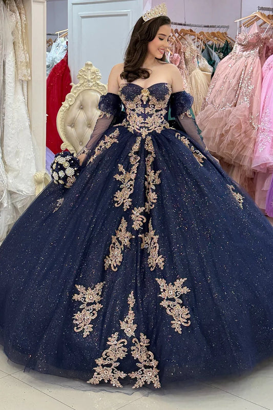 Elegant Navy Blue Sweetheart Gold Floral Embroidery Sheer Tulle Sleeves Quinceanera Ball Gown TP5249