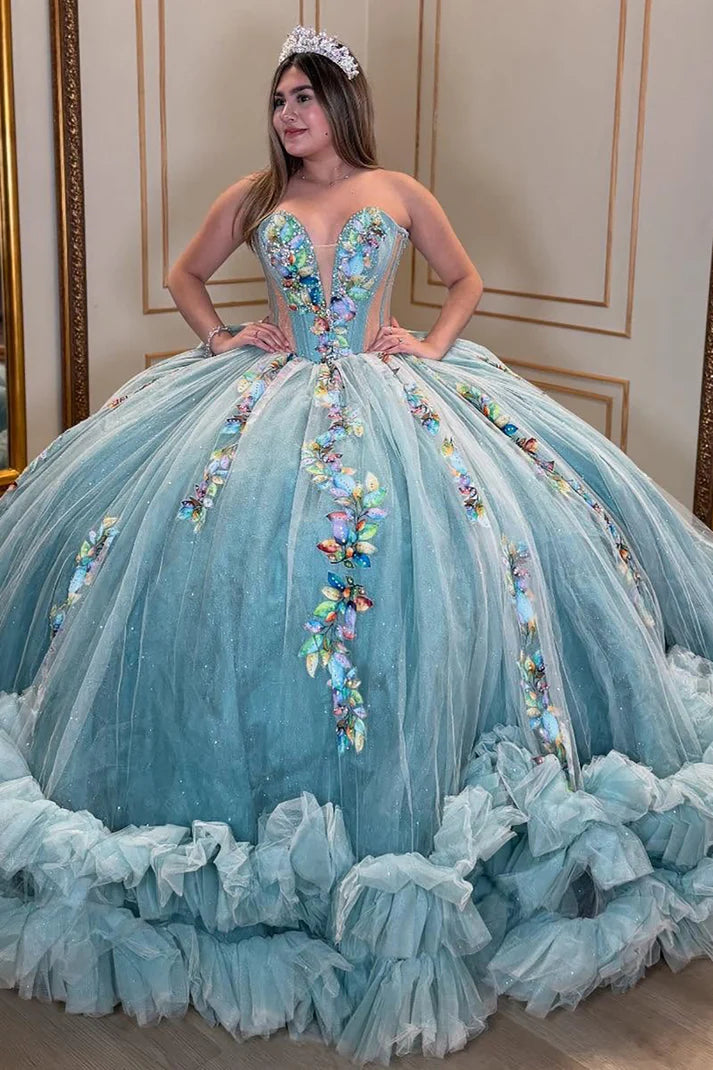 Glamorous Seafoam Blue Glitter Tulle Strapless Multicolor Floral Embroidery Ruffled Hem Sweet 15 Quinceanera Ball Gown TP5440