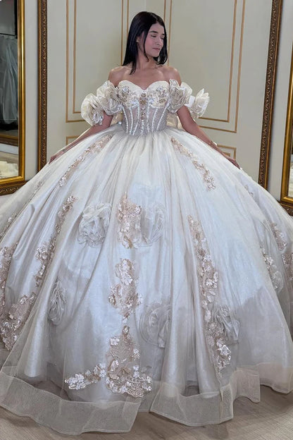 Elegant Sweetheart Sequins 3D Floral Applique Off-Shoulder Quinceanera Ball Gown TP5245