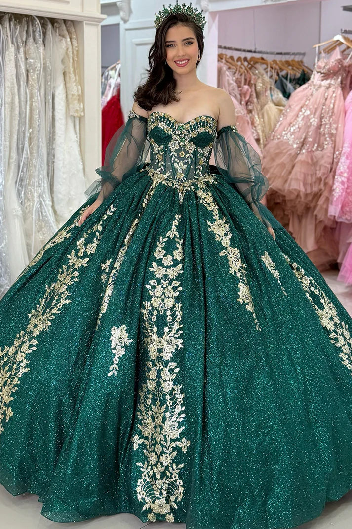 Chic Emerald Green Sweetheart Gold Floral Embroidery Sheer Tulle Sleeves Quinceanera Ball Gown TP5248