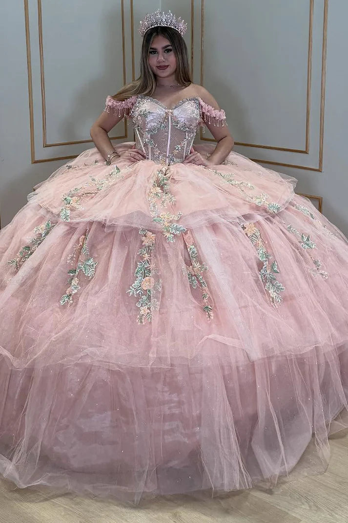 Glamorous Pink Glitter Tulle Off-the-Shoulder Floral Embroidery Tiered Sweet 15 Quinceanera Ball Gown TP5439
