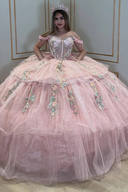 Glamorous Pink Glitter Tulle Off-the-Shoulder Floral Embroidery Tiered Sweet 15 Quinceanera Ball Gown TP5439