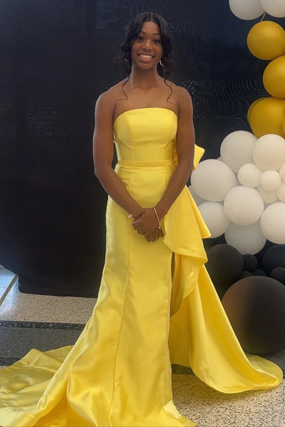 Chic Sunny Yellow Satin Strapless Sheath Evening Gown Prom Dress TP5239