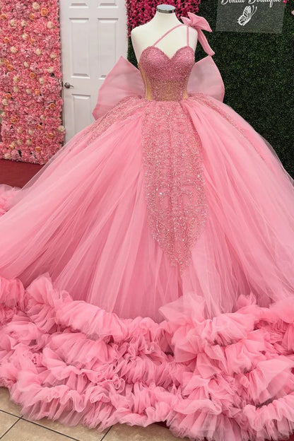 Glamorous Pink Tulle Sweetheart Beaded One-Shoulder Ruffled Sweet 15 Quinceanera Ball Gown TP5435