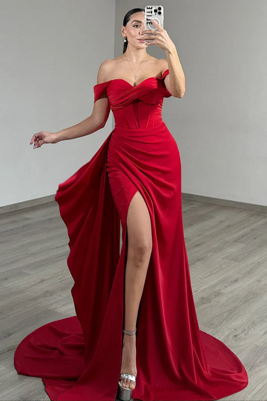 Chic Vibrant Red Satin Off-Shoulder Sheath High Slit Evening Gown Prom Dress TP5240