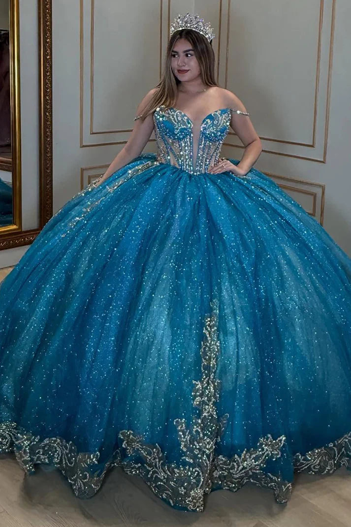 Glamorous Blue Glitter Tulle Off-the-Shoulder Beaded Gold Embroidered Hem Sweet 15 Quinceanera Ball Gown TP5441