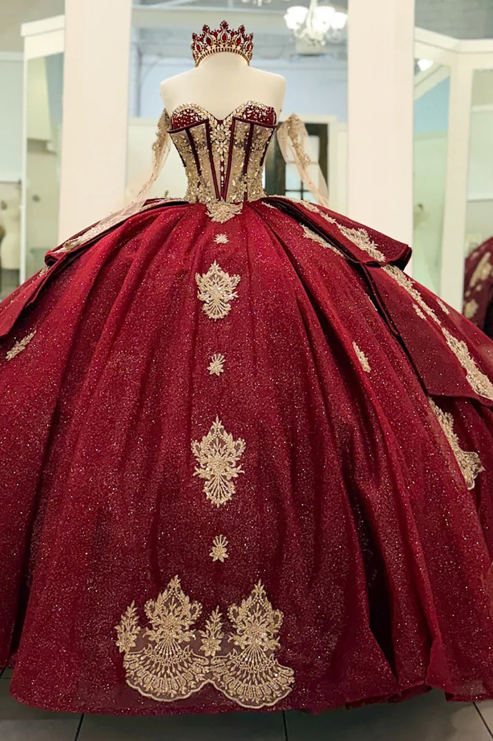 Elegant Burgundy Sweetheart Gold Ornate Embroidery Off-Shoulder Quinceanera Ball Gown TP5250