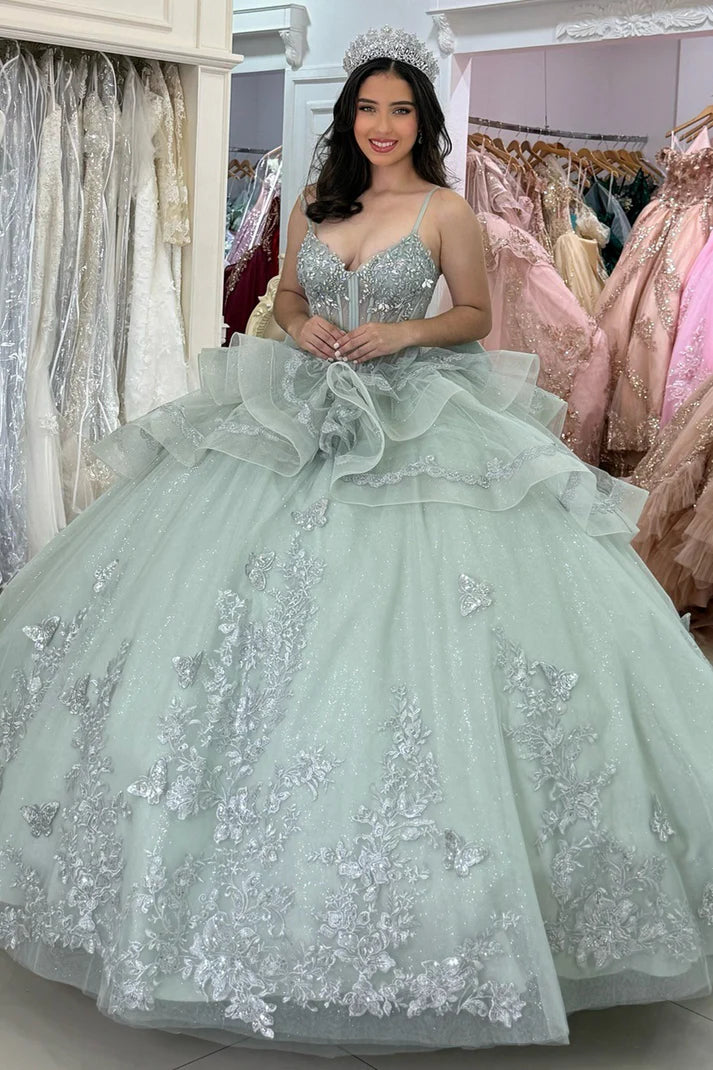 Elegant Sage Green Sweetheart Sequins Appliqued Detachable Strap Quinceanera Ball Gown TP5247