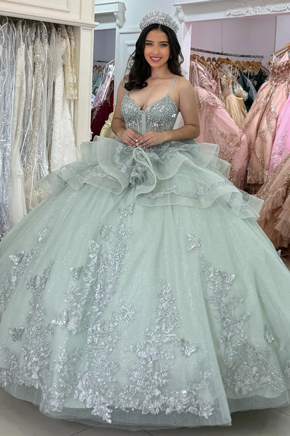 Elegant Sage Green Sweetheart Sequins Appliqued Detachable Strap Quinceanera Ball Gown TP5247
