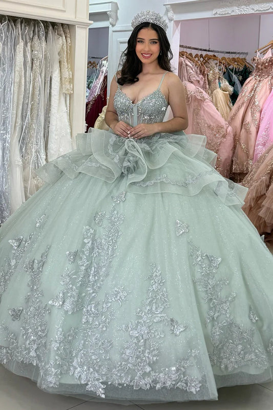 Elegant Sage Green Sweetheart Sequins Appliqued Detachable Strap Quinceanera Ball Gown TP5247