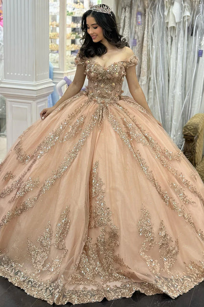 Elegant Champagne Beaded Sequined Shimmering Tulle Off-Shoulder Quinceanera Ball Gown TP5235