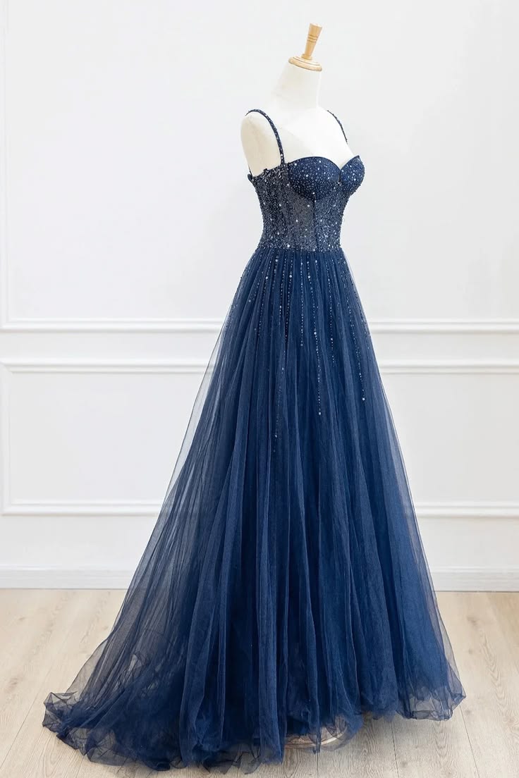 Vintage Navy Blue Sparkly Tulle Sweetheart Beaded Spaghetti Strap Evening Gown TP5798