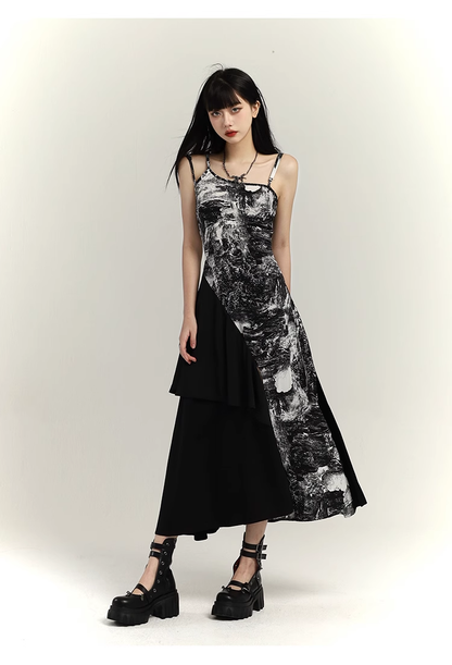 Fashion Black & White Ink Artistic Sense Irregular Design Spaghetti Strap Dress TP2919