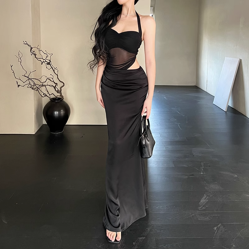 Women New Fashion Black Gauze Satin Halter Dress TP2869