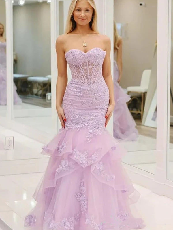 Glamorous Lavender Strapless 3D Floral Mermaid Prom Dress Evening Gown TP5729