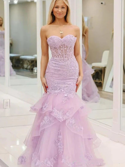 Glamorous Lavender Strapless 3D Floral Mermaid Prom Dress Evening Gown TP5729