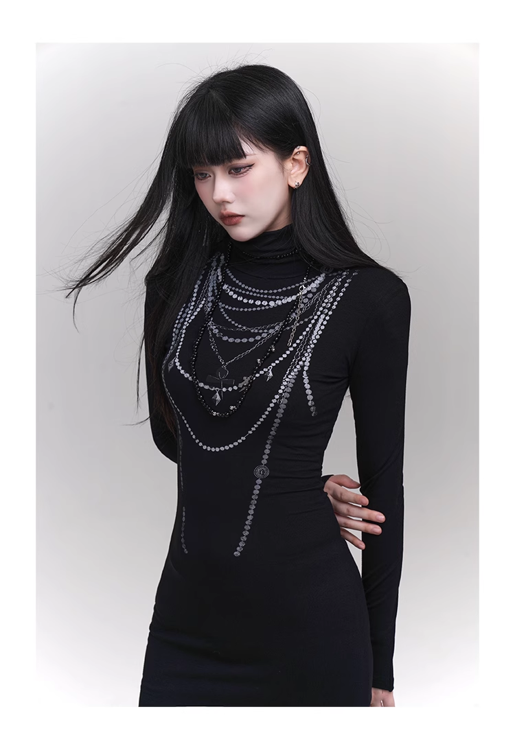 New fashion Dress Chain Design Black Turtleneck Knitted Base Long-sleeved Dress TP2940