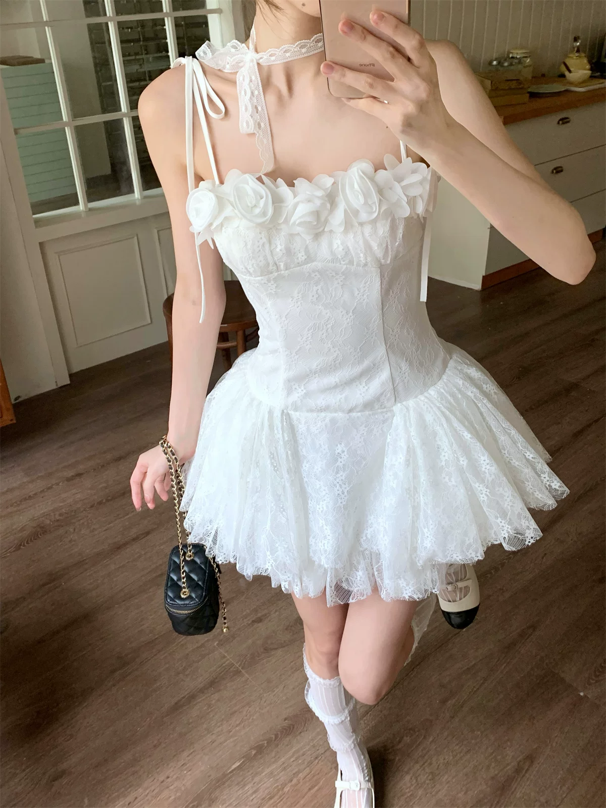Vintage White 3D Rose Lace Spaghetti Strap A-Line Homecoming Dress TP6071