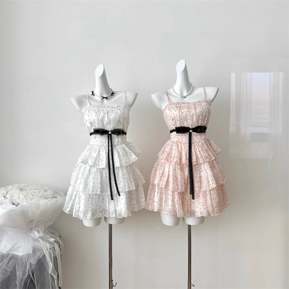 Simple Polka dot Pattern Design A-line Sleeveless Spaghetti Strap Tiered Dress TP3290