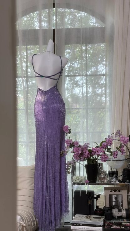 Vintage Gorgeous Purple V-neck Sparkling Romantic Luxury Spaghetti Strap Evening Dress Prom Dresses TP3957