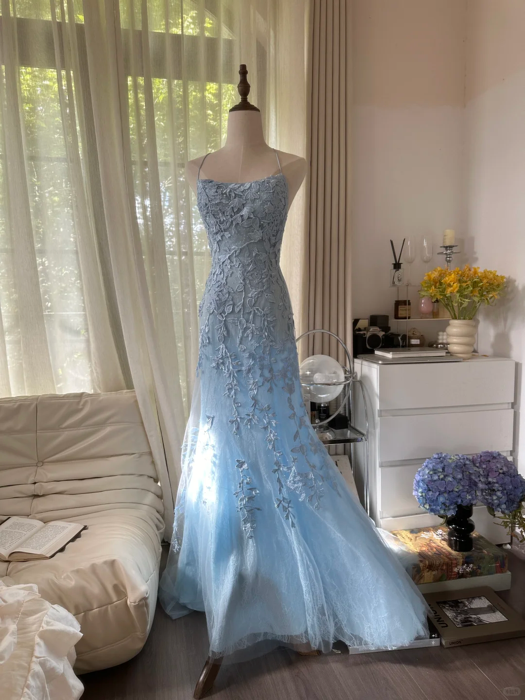 Retro Light Blue Applique Backless Design Romantic Chiffon Evening Dress Prom Dress TP3996