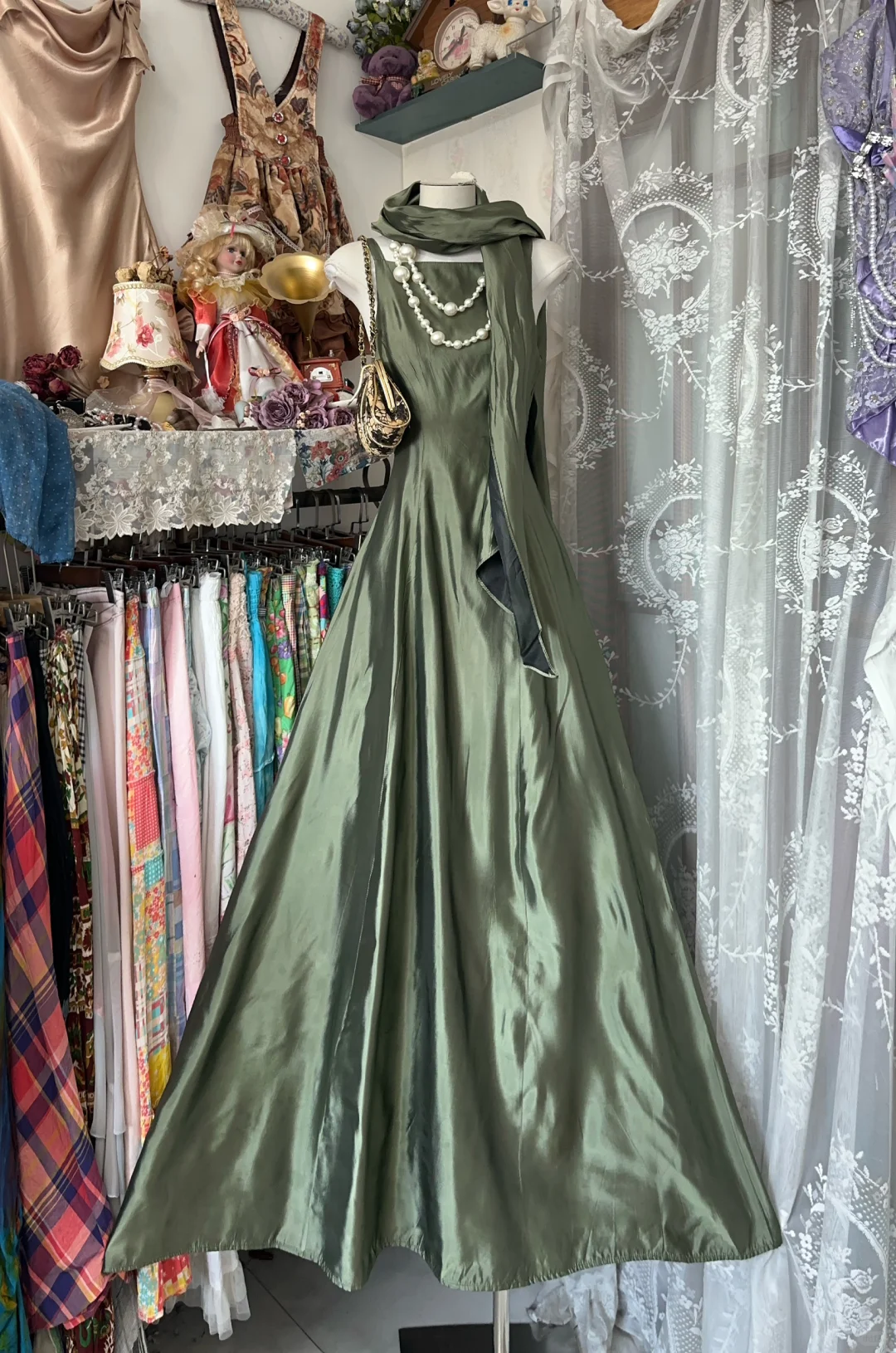 Vintage Green Satin Shawl Design Elegant A-line Long Evening Dress Prom Dresses TP4204