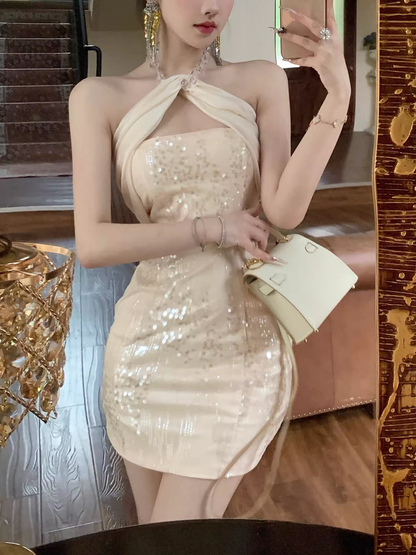 Fashion Champagne Sequin Design A-line  Party Halter Dress Homecoming Dress TP3818