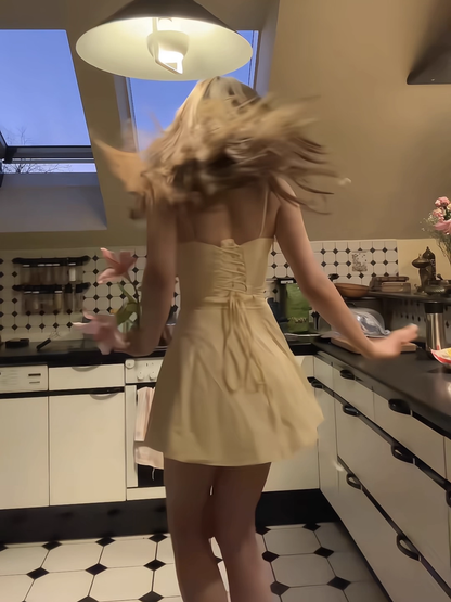 Vintage Lemon Yellow Spaghetti Strap A-Line Mini Dress Homecoming Dress Party Dress Short Cocktail Dress TP5190