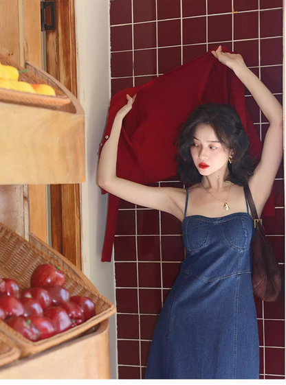 Simple Fashion Red Cardigan & Spaghetti Strap Denim Dress TP3162