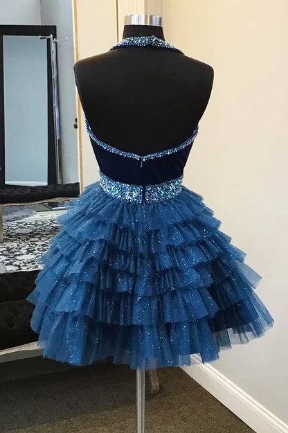 Fashion Navy Blue Multi-Layered Tulle Design A-line Halter Homecoming Dress TP3580
