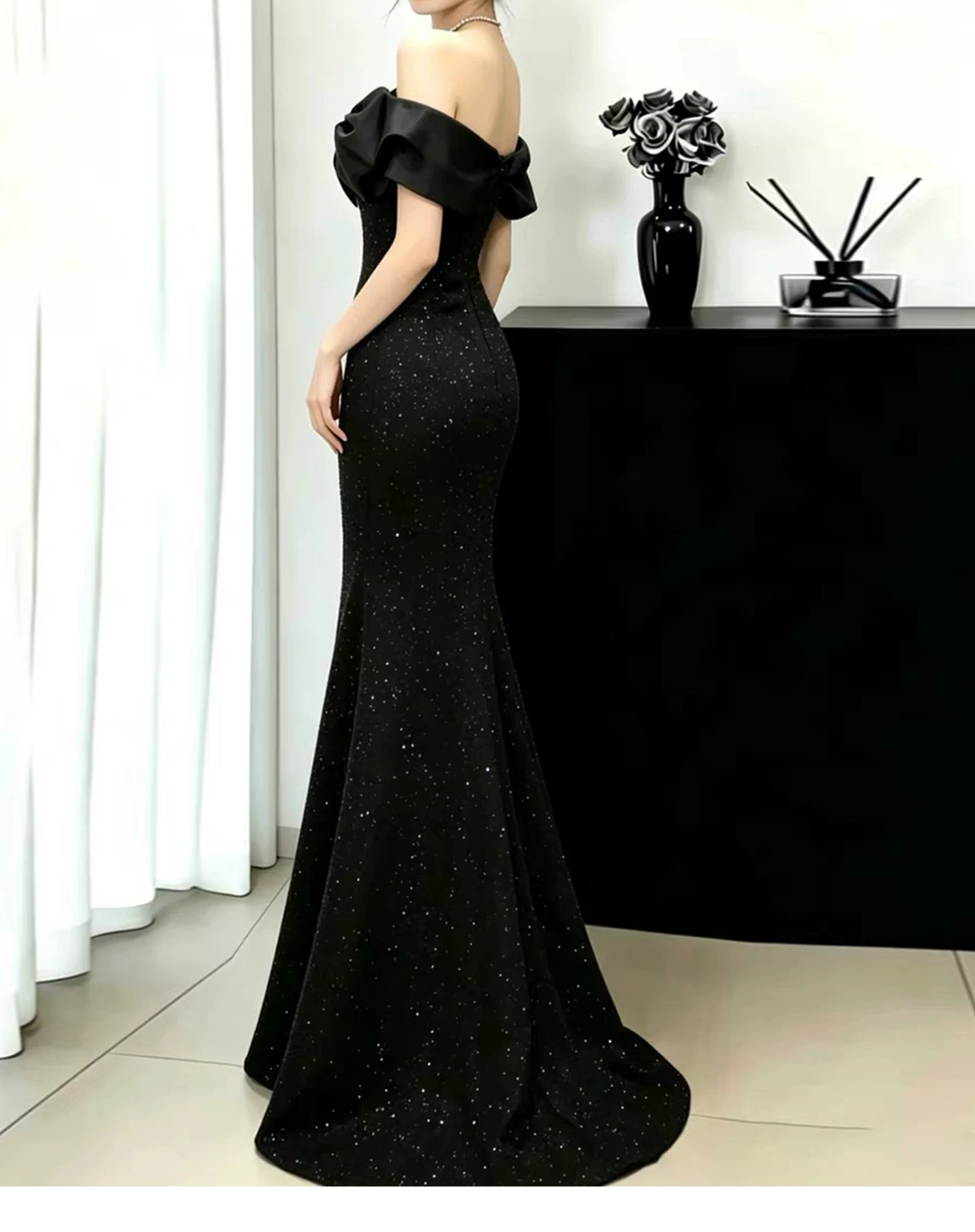 Glamorous Off-the-Shoulder Bow Glitter Mermaid Floor Length Prom Dress TP5873