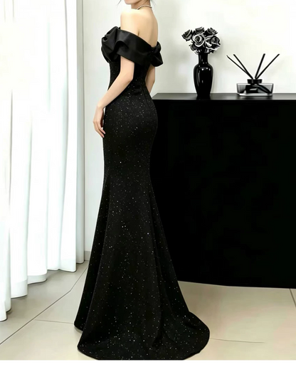 Glamorous Off-the-Shoulder Bow Glitter Mermaid Floor Length Prom Dress TP5873