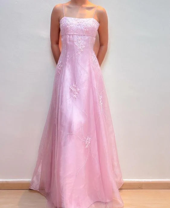 Vintage Pink A-Line Embroidery Prom Dress Long Chiffon Evening Dress Spaghetti Strap Formal Dress TP4575