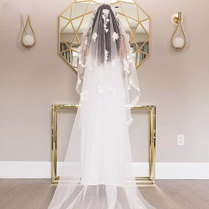 Vintage White Floral Embroidered Bridal Veil 3D Flower Beaded Cathedral-Length Wedding Veil TP5622