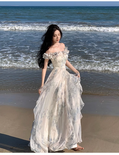 New Fashion Women Floral Falbala Design A-Line Beach Holiday Spaghetti Strap Dress TP3085