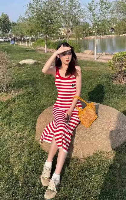 New Fashion Red Streak Casual Sleeveless Spaghetti Strap Dress TP2977