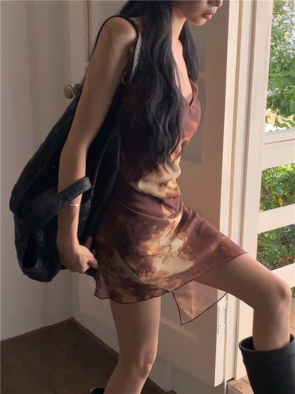 New Fashion Brown Irregular Hem Design A-line V-neck Spaghetti Strap Dress TP3421